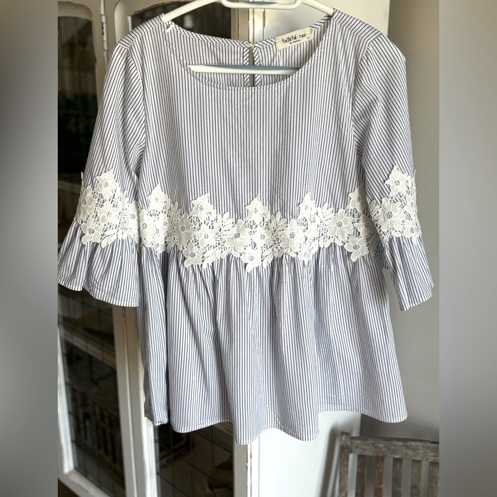 Faithful and True Striped Lace Peplum Blouse. Nautical | Coastal Women’s Sz-S